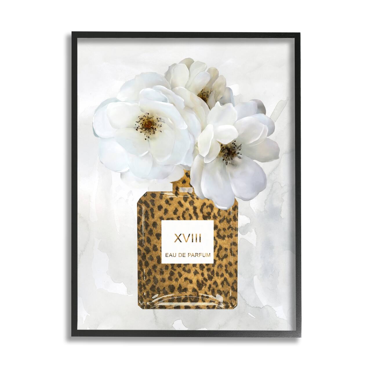 Stupell Industries Leopard Print Perfume Bottle Glam White Spring Florals Framed Wall Art